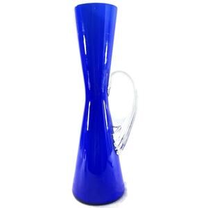 Cobalt Blue Art Glass Pitcher 10.75” Clear Applied Handle Modern Vase